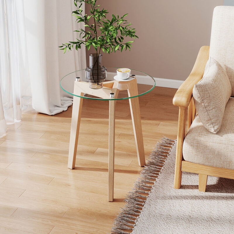 Modern Round End Table with Tempered Glass Top and Rubber Wood Base image number 4