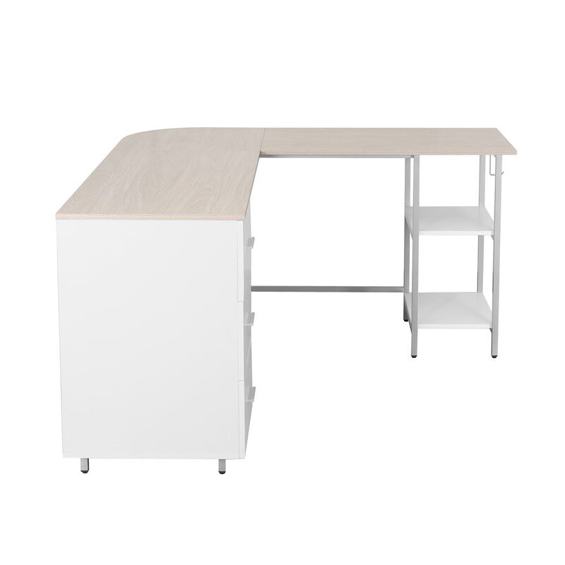 Techni Mobili L-Shape Home Office Two-Tone Desk with Storage, Sand