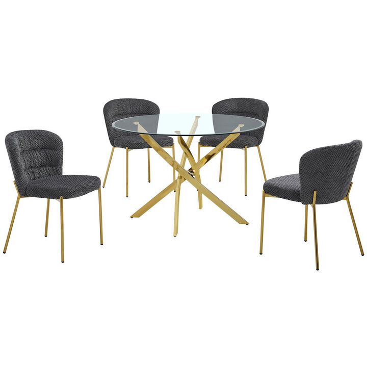 Best Quality Furniture Round Tempered Glass Dining Table With 4 Dark Grey Side Chairs