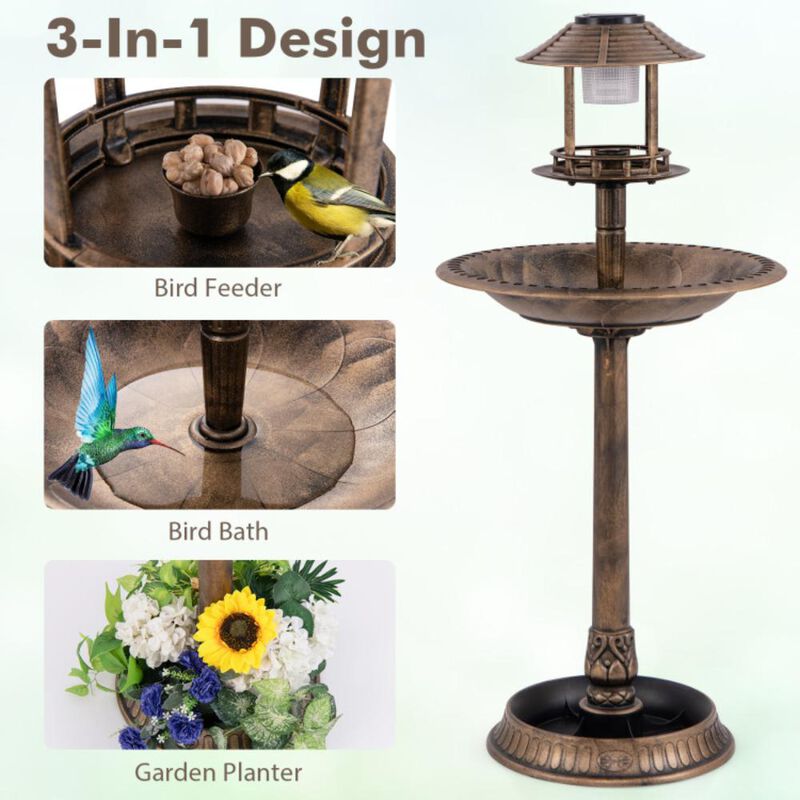 Hivvago Pedestal Bird Bath with Solar Light with Bird Feeder and Flower Planter