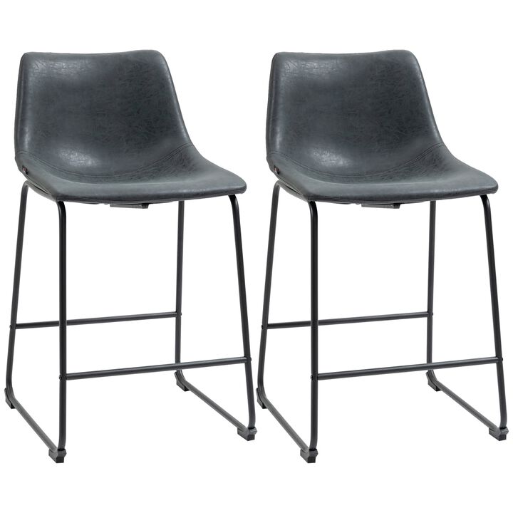 Counter Height Bar Stools Set of 2, Vintage PU Leather Barstools with Footrest for Dining Room, Home Bar, Kitchen, Black