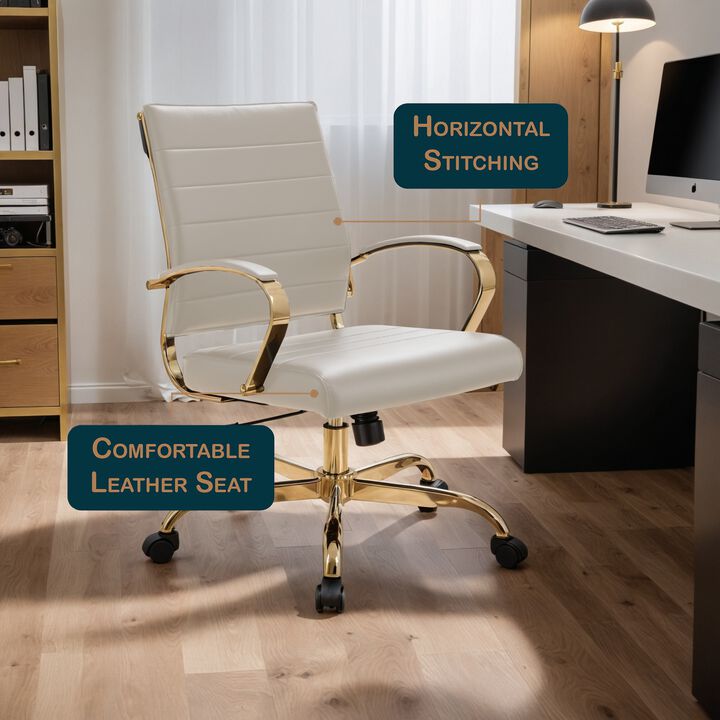 LeisureMod Benmar Leather Office Chair with Gold Accents, Adjustable Height, Swivel Base, Ergonomic Design for Home Office, Study, or Workspace