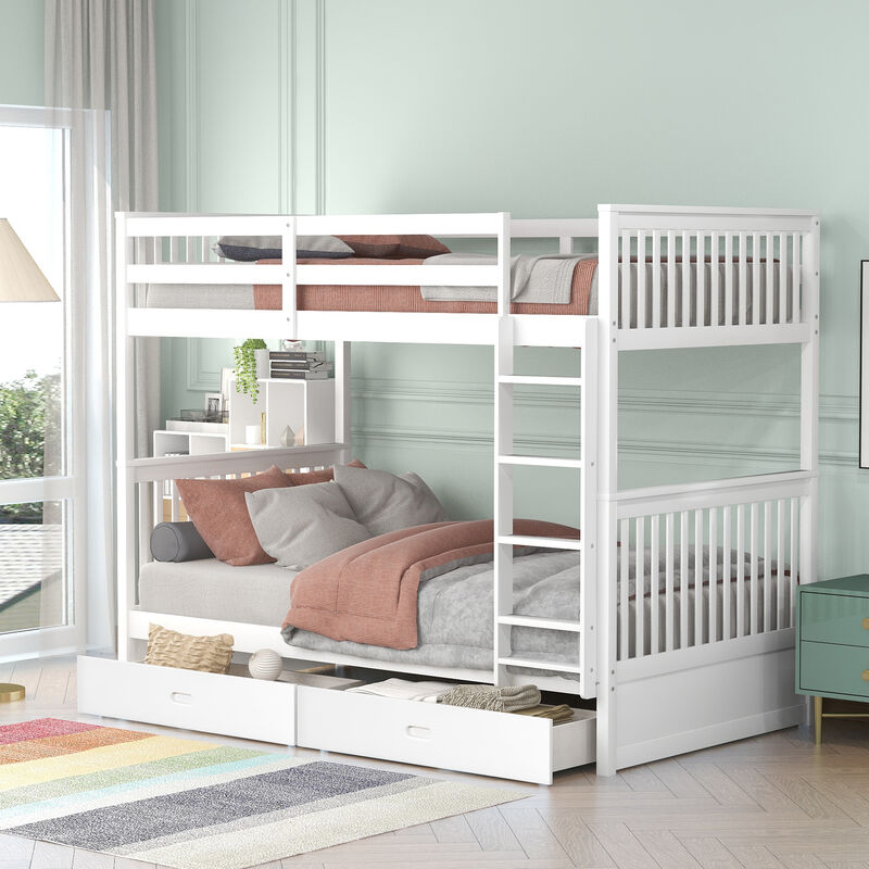 Whisen Twin-Over-Twin Bunk Bed with Ladders and Two Storage Drawers- White