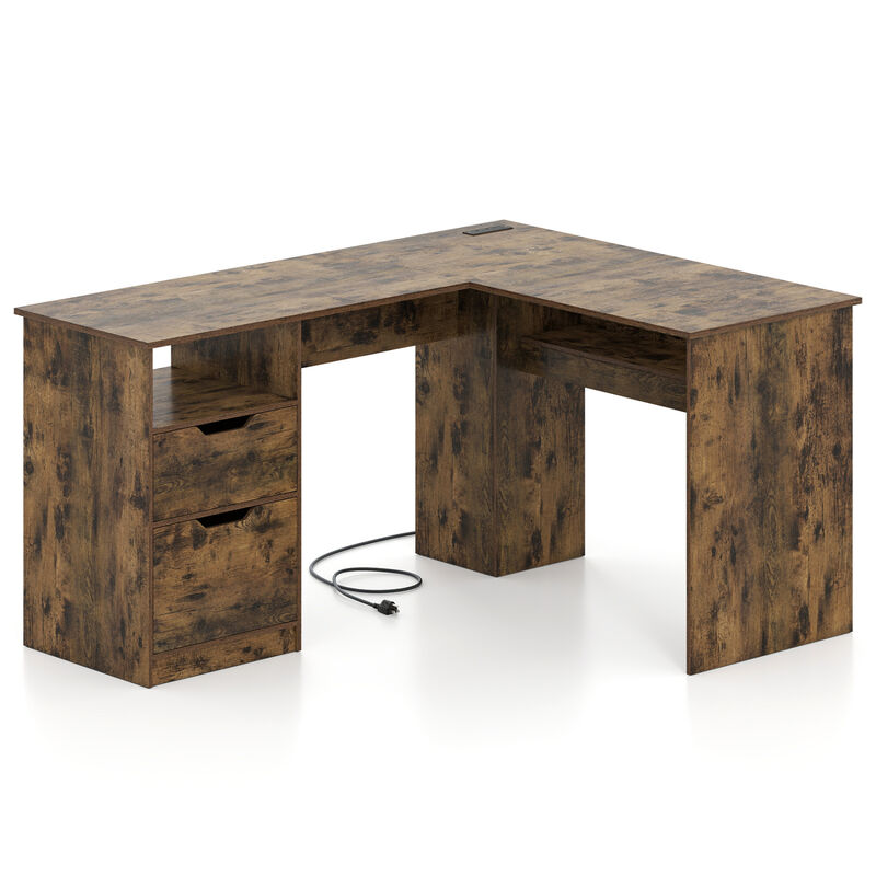 L Shaped Executive Computer Desk with Power Outlets Drawers and Bookshelf image number 0