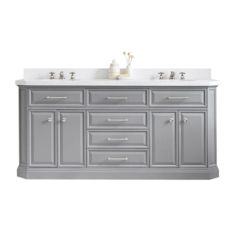 Palace 72 In. Double Sink Carrara Quartz Countertop Bath Vanity in Cashmere Grey with Polished Nickel (PVD) Hardware