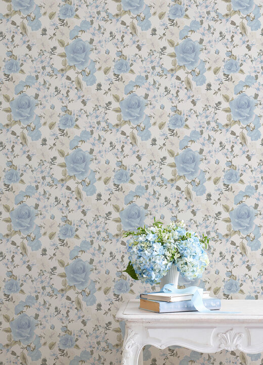 Sunset Harbor Rose Bella Lina Blue Roses & White Flowers Wallpaper (Set of 2)