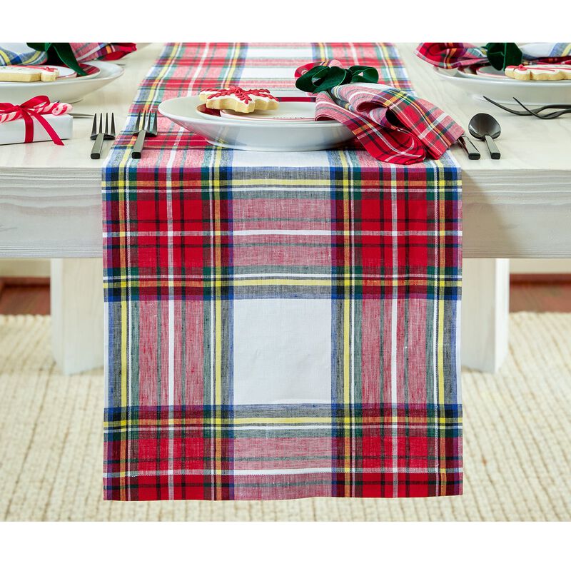 Solino Home Stewart Plaid 100% Linen Table Runner &ndash; Handcrafted, Machine Washable, Perfect for Holiday and Everyday Dining