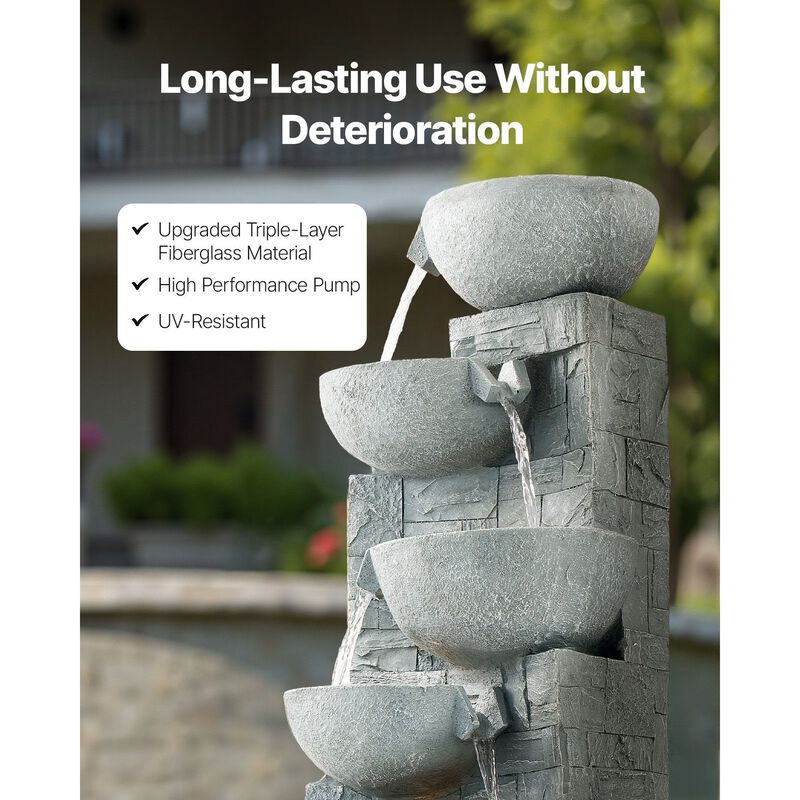 5-Tier Outdoor Water Fountain with LED Light, Cascading Bowl Design for Garden Patio image number 4
