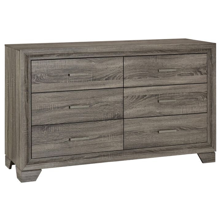 Reay Wide Dresser, Brown Oak Finish, 6 Drawers Silver Metal Handles - Benzara