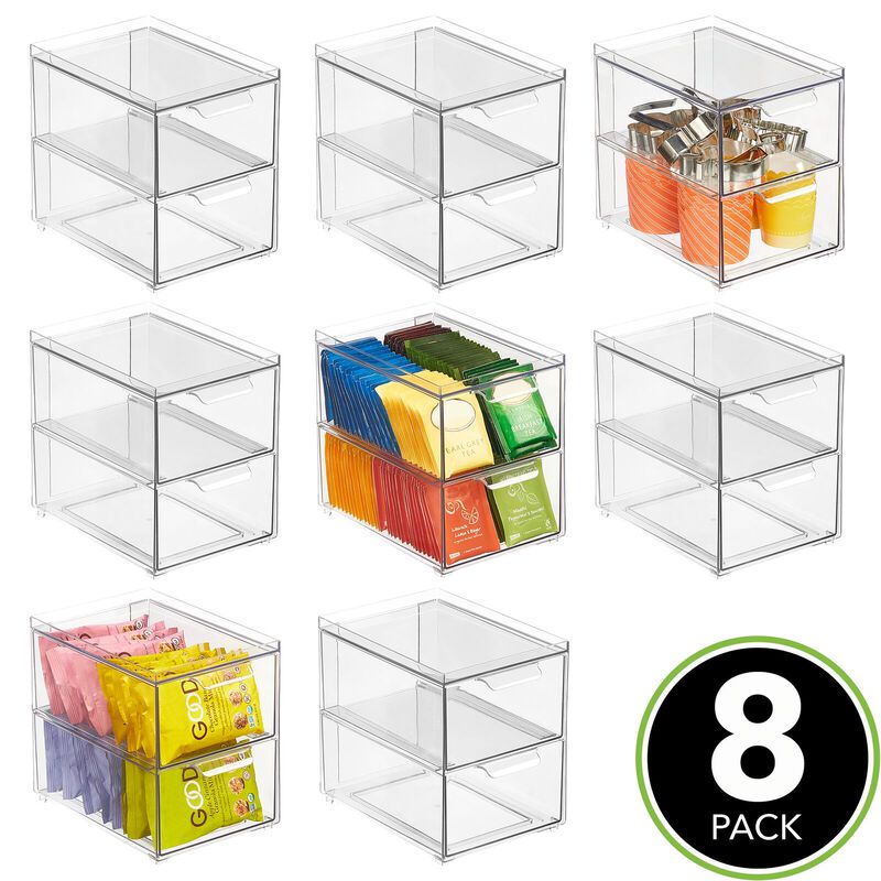 mDesign Stacking Plastic Storage Kitchen Bin - 2 Pull-Out Drawers, 8 Pack, Clear image number 3