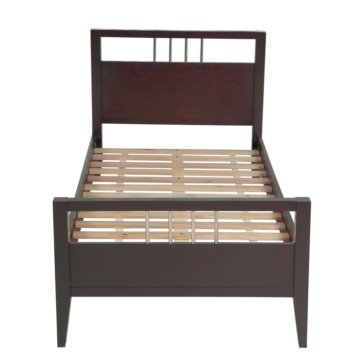Fang Modern King Size Bed, Sleigh Headboard, Metal Bars, Espresso Brown  - Benzara