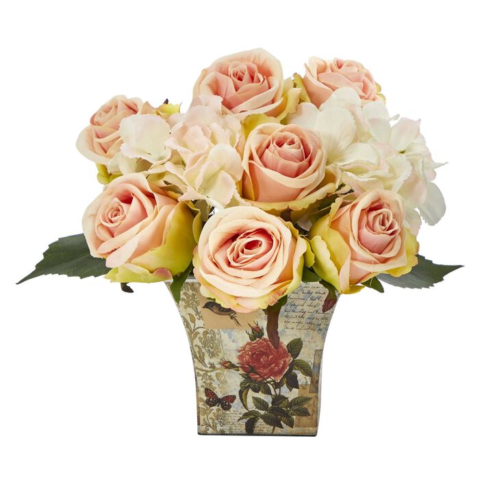 Nearly Natural 8-in Rose and Hydrangea Bouquet Arrangement in Floral Vase