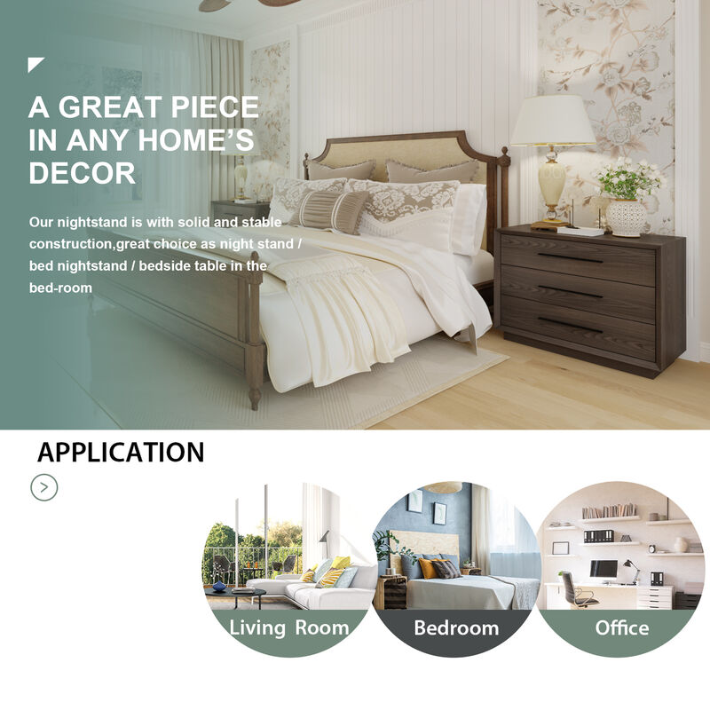 FUFU&GAGA 3-Drawer Nightstand with Black Metal Handles, Deep Brown Woodgrain Finish (31.5"W x 17.7"D x 23.6"H), Dark Brown