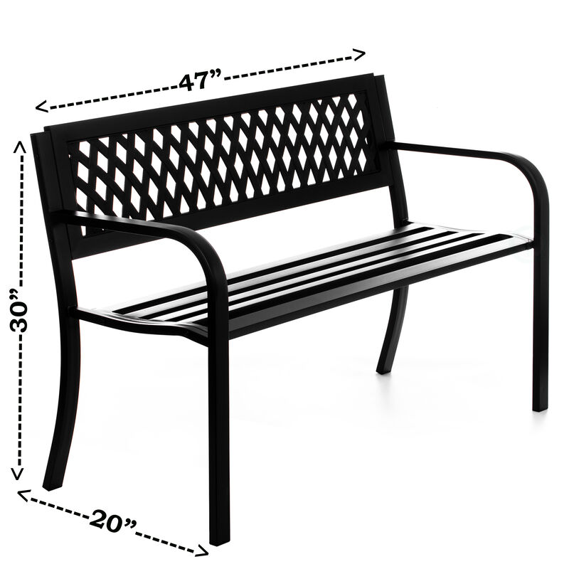 "Gardenised Outdoor Steel 47"" Park Bench for Yard, Patio, Garden and Deck, Black Weather Resistant Porch Bench, Park Seating"