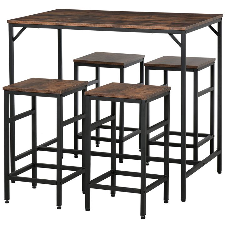 5-Piece Industrial Dining Table Set, Bar Table & 4 Stools Set, Space Saving for Pub & Kitchen, Rustic Brown/Black