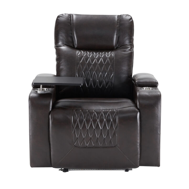Power Motion Recliner with USB Charging Port and Hidden Arm Storage 2 Convenient Cup Holders and 360° Swivel Tray Table