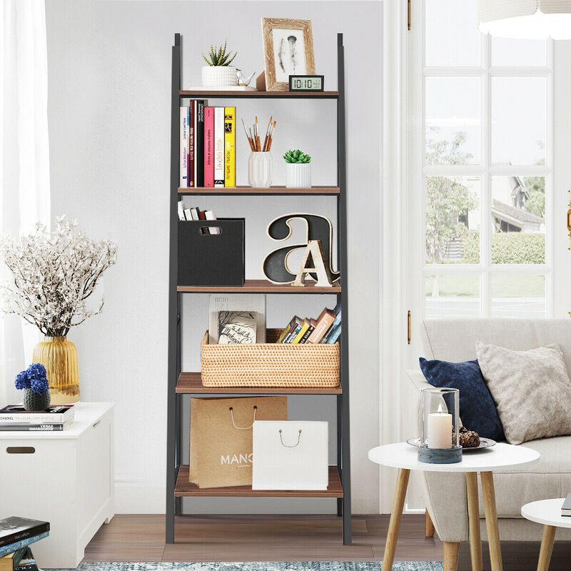 5-Tier Leaning Bookshelf, Wood and Metal Bookcase for Stylish Home Organization and Display