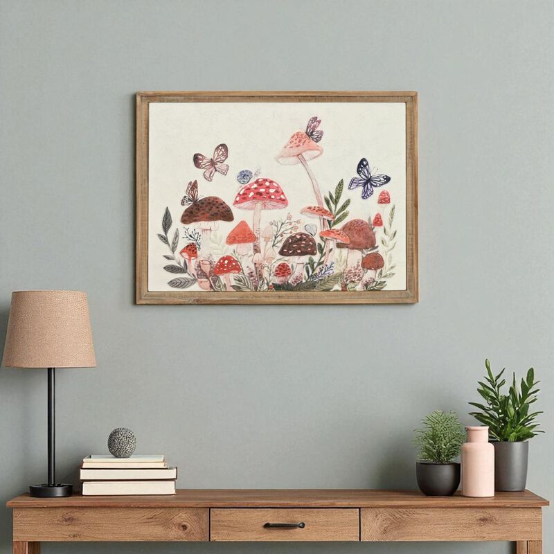HomeRoots 20" X 26" Natural And White Butterflies and Mushrooms Metal Framed Art image number 1