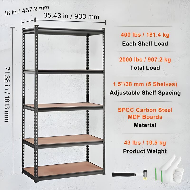 2000 Lbs 5 Tier Heavy Duty Garage Shelving 35 Inch Metal Utility Rack image number 2