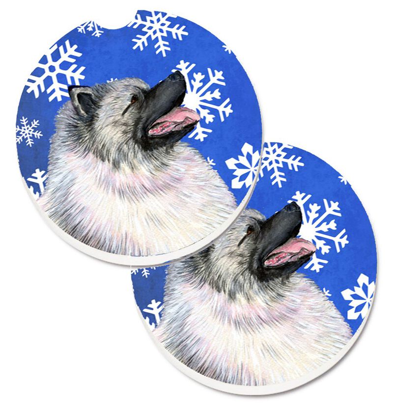 Caroline's Treasures Keeshond Winter Snowflakes Holiday Set of 2 Cup Holder Car Coasters SS4626CARC, 2.56, Multicolor