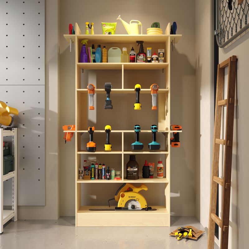 FUFU&GAGA Solid Wood Multi-functional Storage Cabinet with 9 Compartments & Tool Hooks, Space-Saving Design for Small Spaces, Natural Wood Finish (30.7 in.  W x 11 in.  D x 67.7 in.  H)