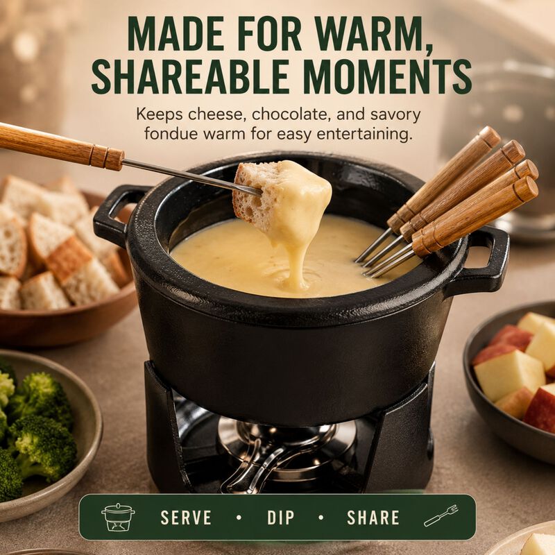 Alva Nori Enameled Cast Iron Fondue Set 2Qt. - Oven Safe and Made without PFAS, PFOA & PTFE - Includes 8 Fondue Forks, Fondue Pot, Adjustable Burner & Stand image number 4