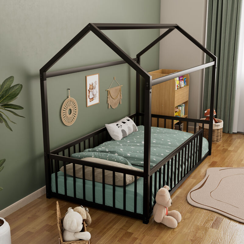 Merax Montessori Style Metal Floor Bed Frame, House Shaped Bed with Fence for Kids and Toddlers image number 5
