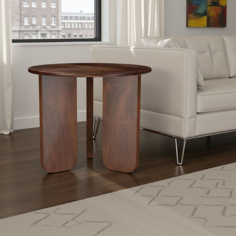 Novo Side End Table, 24 Inch, Three Panel Legs, Brown Mango Wood