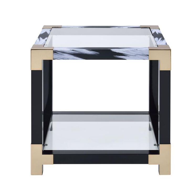 Modern Style Square Metal and Glass End Table With Bottom Shelf, Black and Gold-Benzara