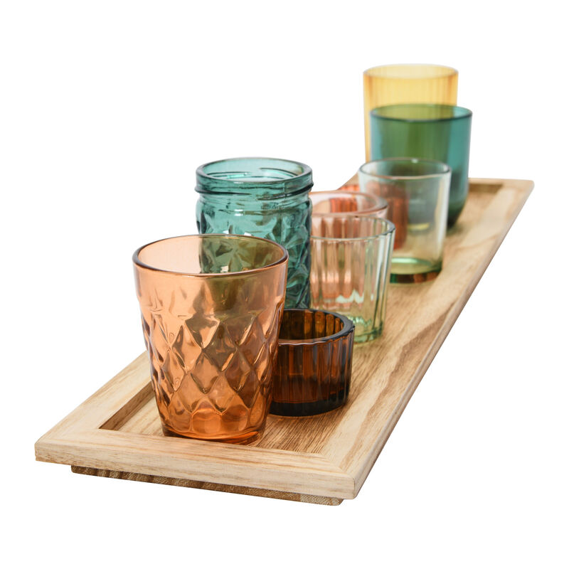 Round Glass Votive Holders on Wood Tray, Multicolor, Set of 9 image number 2
