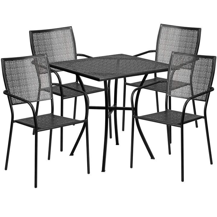 Flash Furniture Oia Commercial Grade 28" Square Black Indoor-Outdoor Steel Patio Table Set with 4 Square Back Chairs
