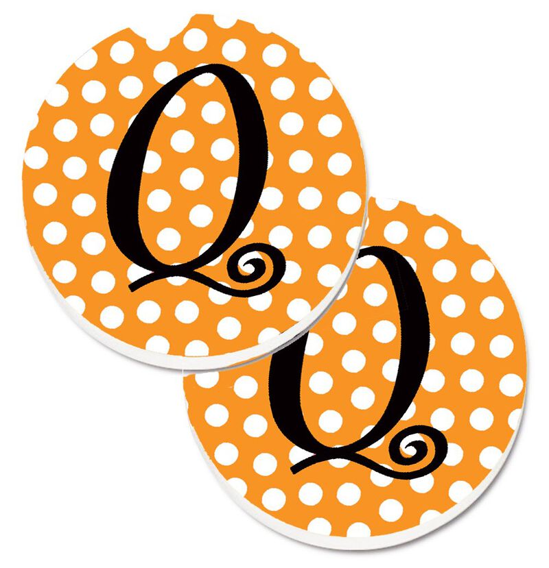 Caroline's Treasures Monogram Initial Q Orange Polkadots Set of 2 Cup Holder Car Coasters CJ1033-QCARC, 2.56, Multicolor