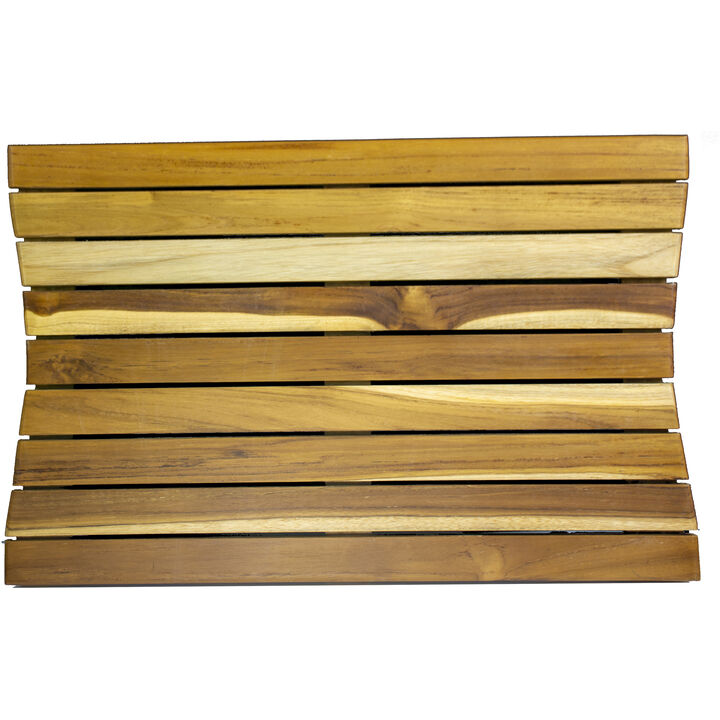 The EcoDecors Eleganto 23" x 15" Slatted Solid Teak Bath Floor Mat in EarthyTeak Finish