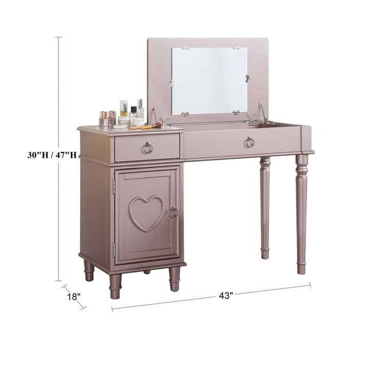 Bedroom Vanity Set w Stool Open Up Mirror Storage Space Drawers Rubber wood Ring Pull Handles Rose Gold Color Vanity