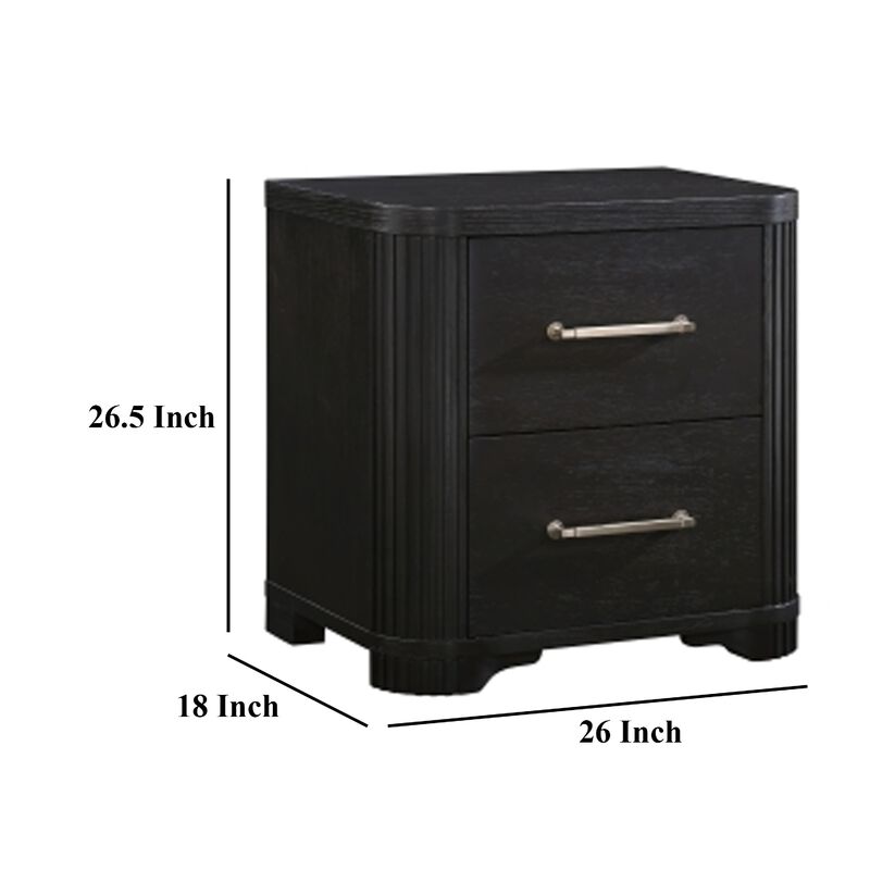 Chas Nightstand, 2 Drawers Brass Bar Handles, Charcoal Black Wood - Benzara