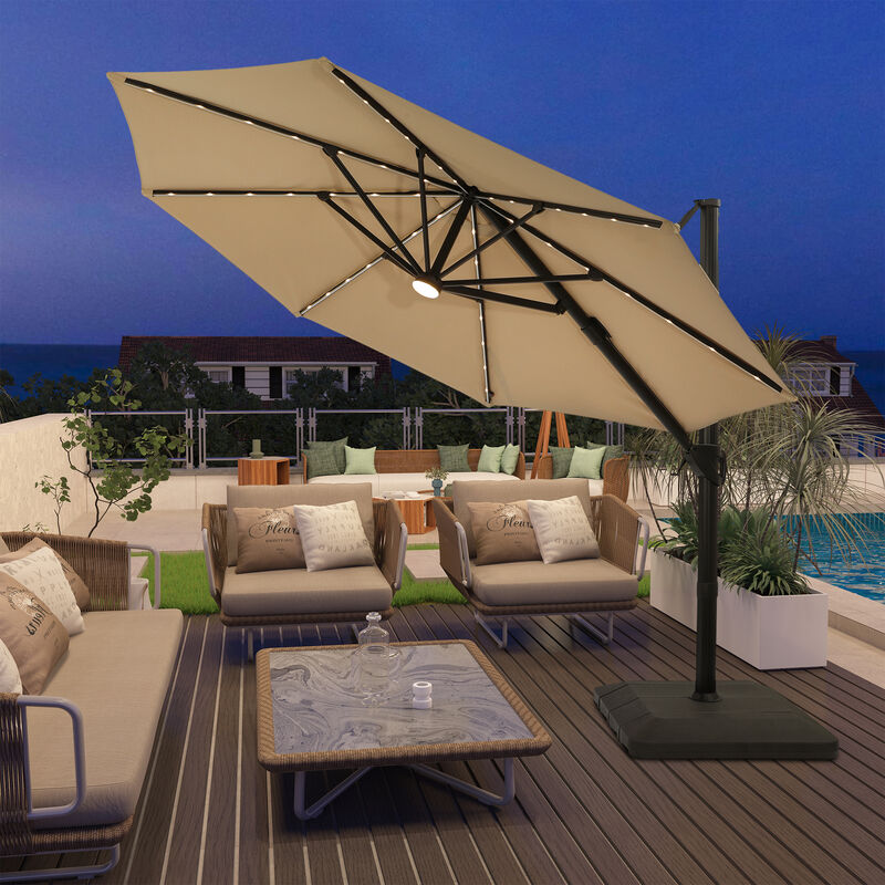 11-ft Solar Powered Cantilever Patio Umbrella with LED.
