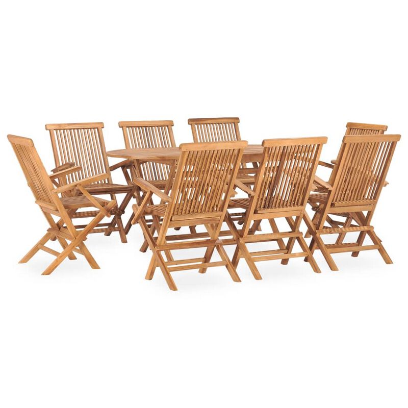 Sam 9pc Outdoor Dining Table Set, 8 Folding Chairs, Brown Teak Wood - Benzara