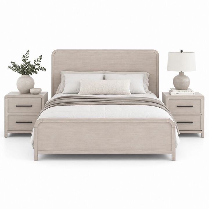Queen Bedroom Set, Natural Oak Beige Brown Wood, 3 Piece Set with 2 Nightstands