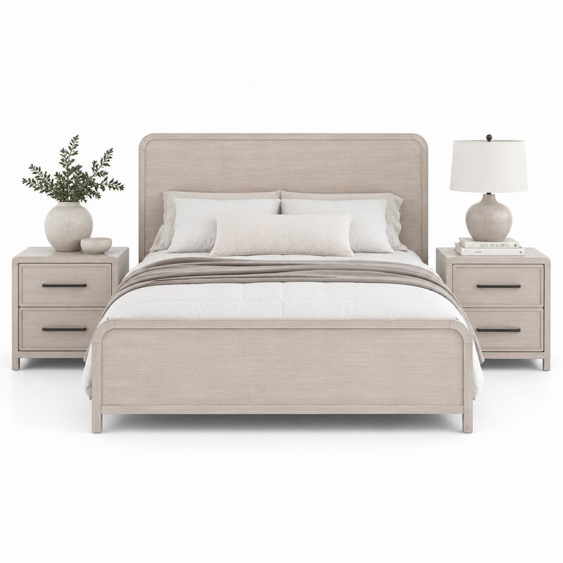Queen Bedroom Set, Natural Oak Beige Brown Wood, 3 Piece Set with 2 Nightstands image number 0