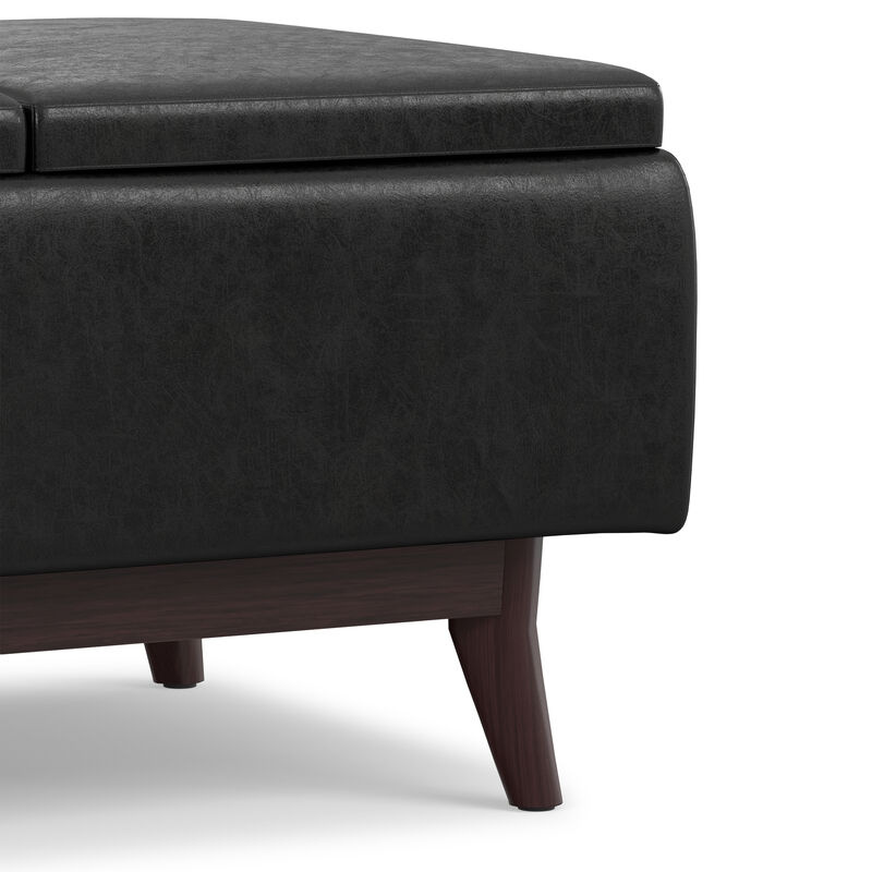 Owen 34 inch Wide Mid Century Modern Rectangle Tray Top Small Coffee Table Storage Ottoman in Distressed Black Vegan Faux Leather, Assembled image number 7