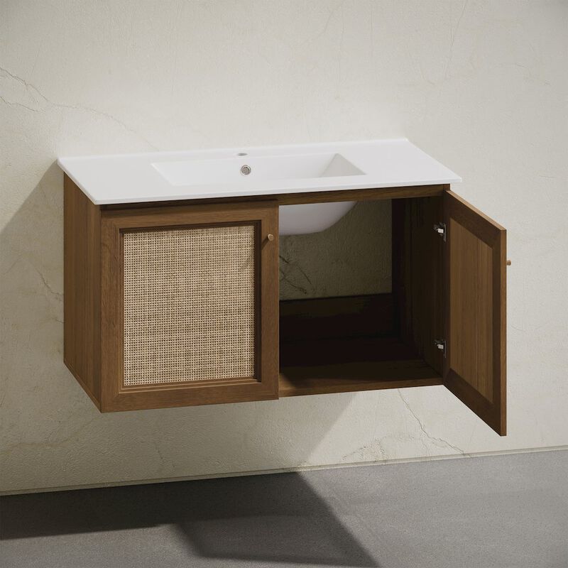 36" Wall-Mounted Bathroom Vanity in Brown Oak with Single Faucet Hole Vanity Top image number 5