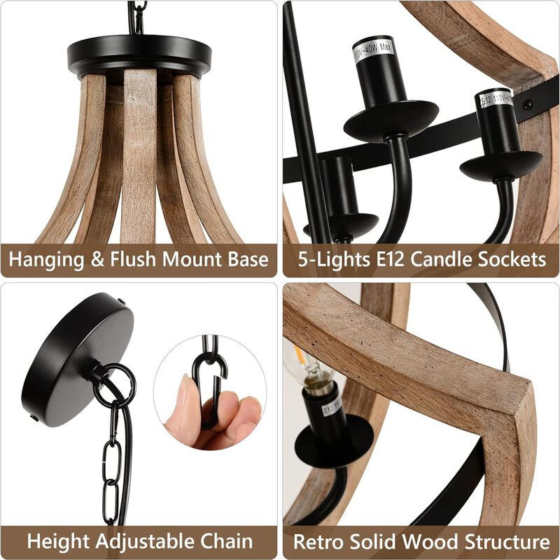 ELEMENT ACE 19 Inch 5-Light Height Adjustable Farmhouse Chandelier, Dual Use as Pendant or Flush Mount Light for Dining Room, Kitchen Island, Living Room, Bedroom & Foyer image number 5