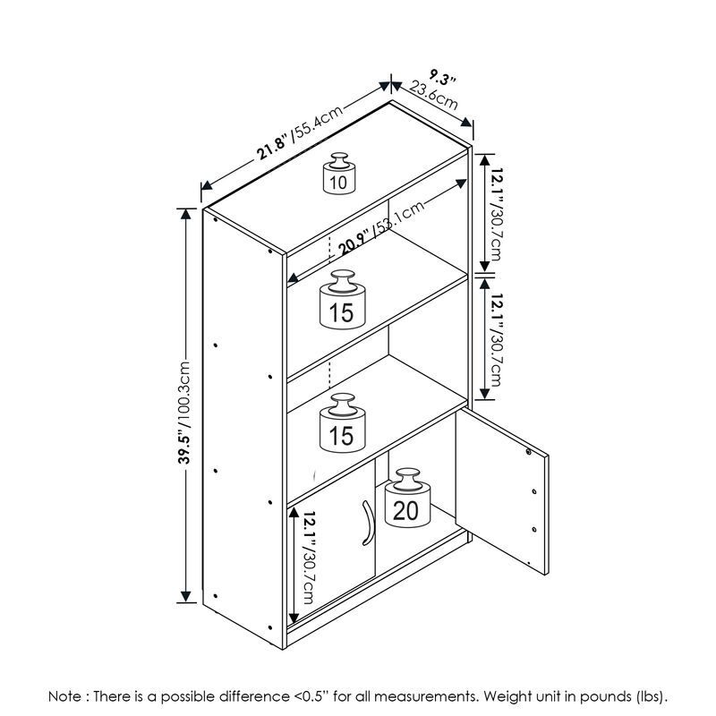 Furinno Gruen 3-Tier Open Shelf Bookcase with 2 Doors Storage Cabinet, Metropolitan Pine