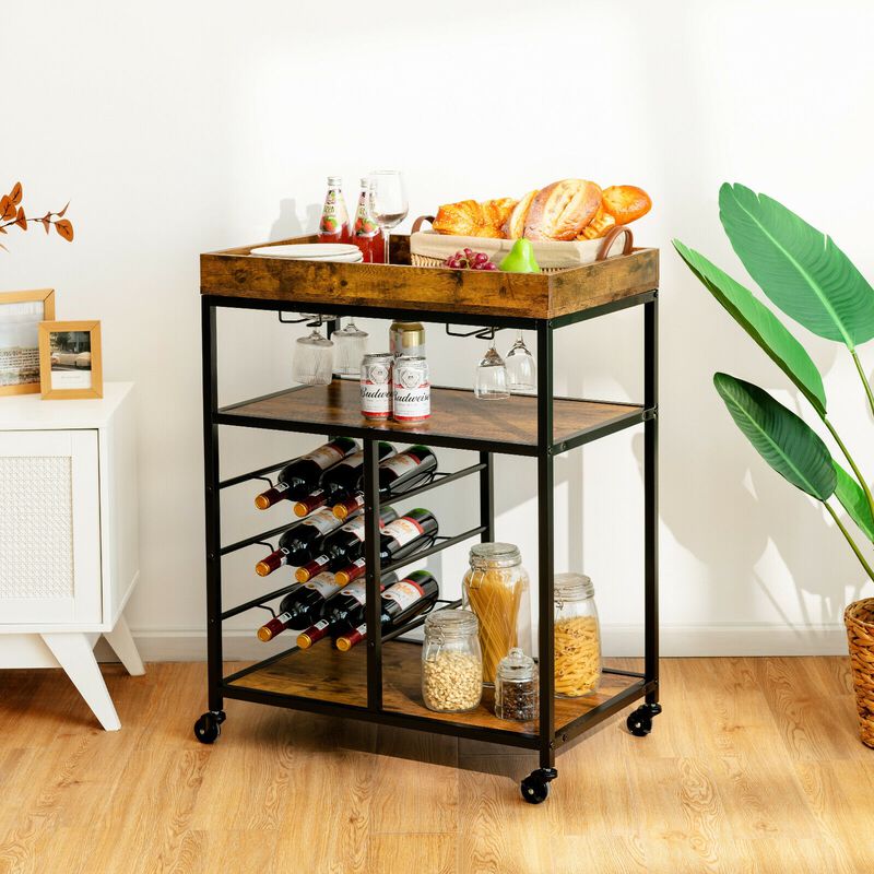 3-Tier Wood Rolling Kitchen Serving Cart with 9-Bottle Wine Rack for Stylish and Functional Storage