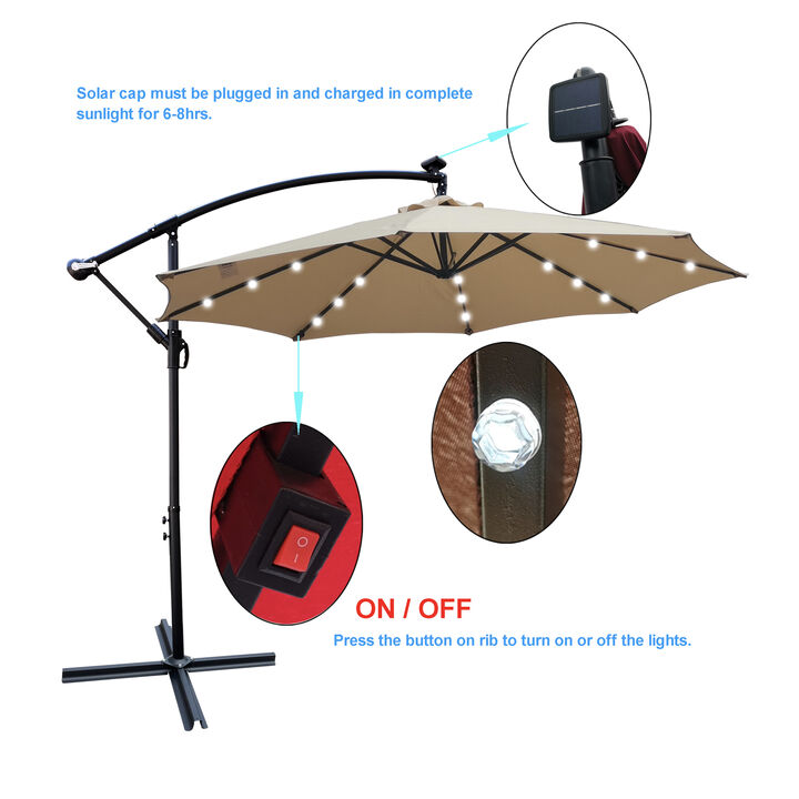 10ft Outdoor Patio Umbrella Solar Powered LED Lighted Sun Shade Market Waterproof 8 Ribs Umbrella with Crank and Cross Base - Garden Deck Backyard Pool Shade