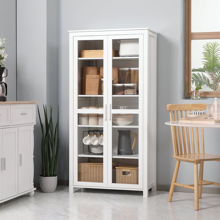 Freestanding Kitchen Pantry, 5-tier Storage Display Cabinet, Curio Cabinet with Adjustable Shelves and 2 Glass Doors for Living Room, Dining Room, White