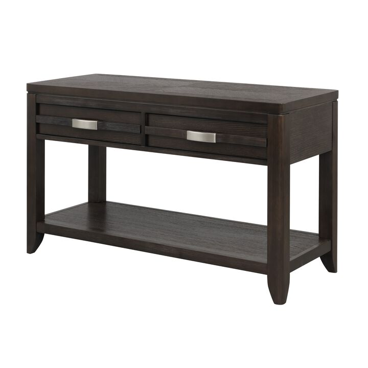 Joni 48 Inch Side Console Table, Acacia Wood, 2 Drawer, 1 Shelf, Espresso-Benzara
