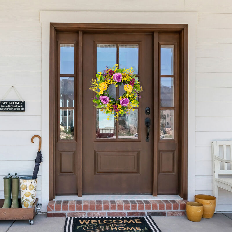 Peonies and Forsythia Spring Wreath - 24" - Yellow and Purple image number 1