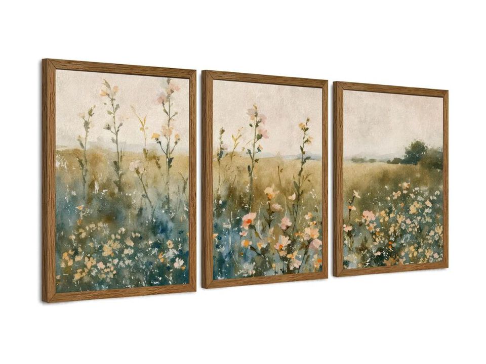 3 Piece Framed Wildflower Wall Art Vintage Floral Canvas Decor Home Living Rooms