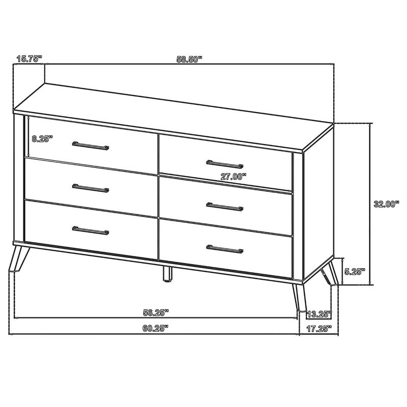 Wemy Wide Dresser w 6 Drawers, Metal Legs, Weathered Brown Pine Wood - Benzara